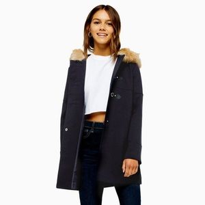 NWT Topshop faux fur hooded coat, size 2, navy